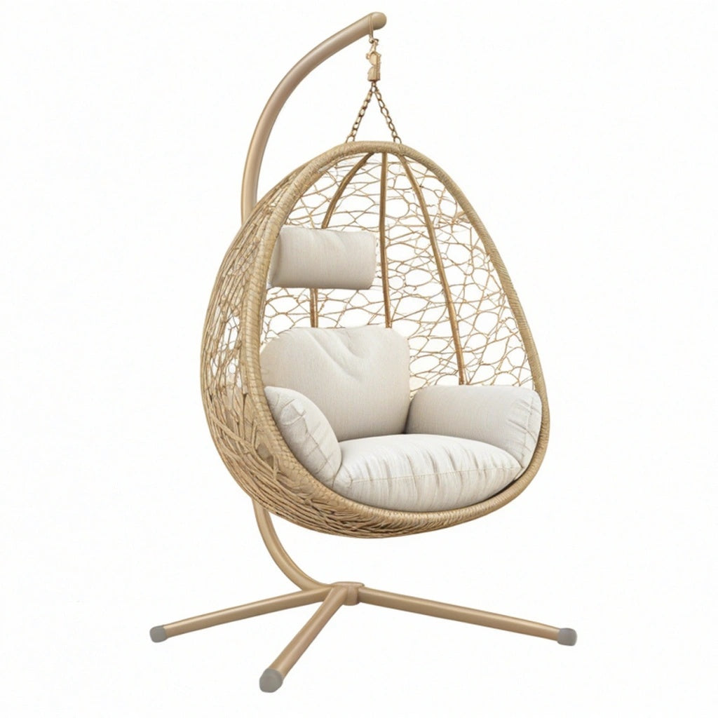 Fotel wiszący 105 x 105 x 195 cm z plecionki rattanowej beżowy do ogrodu w stylu boho
