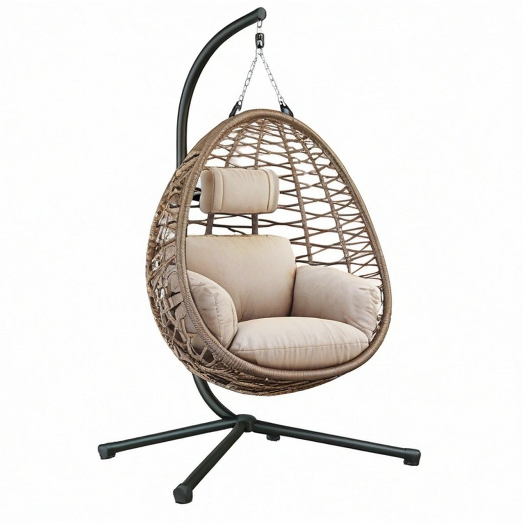 Fotel wiszący 105 x 105 x 195 cm z technorattanu beżowy na czarnym stojaku ogrodowy boho