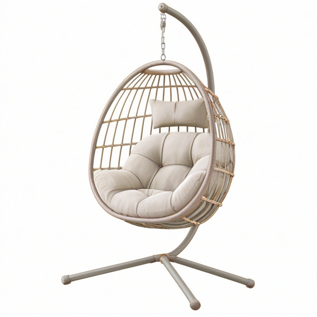 Fotel wiszący ogrodowy 105 x 105 x 195 cm beżowy metalowy pleciony