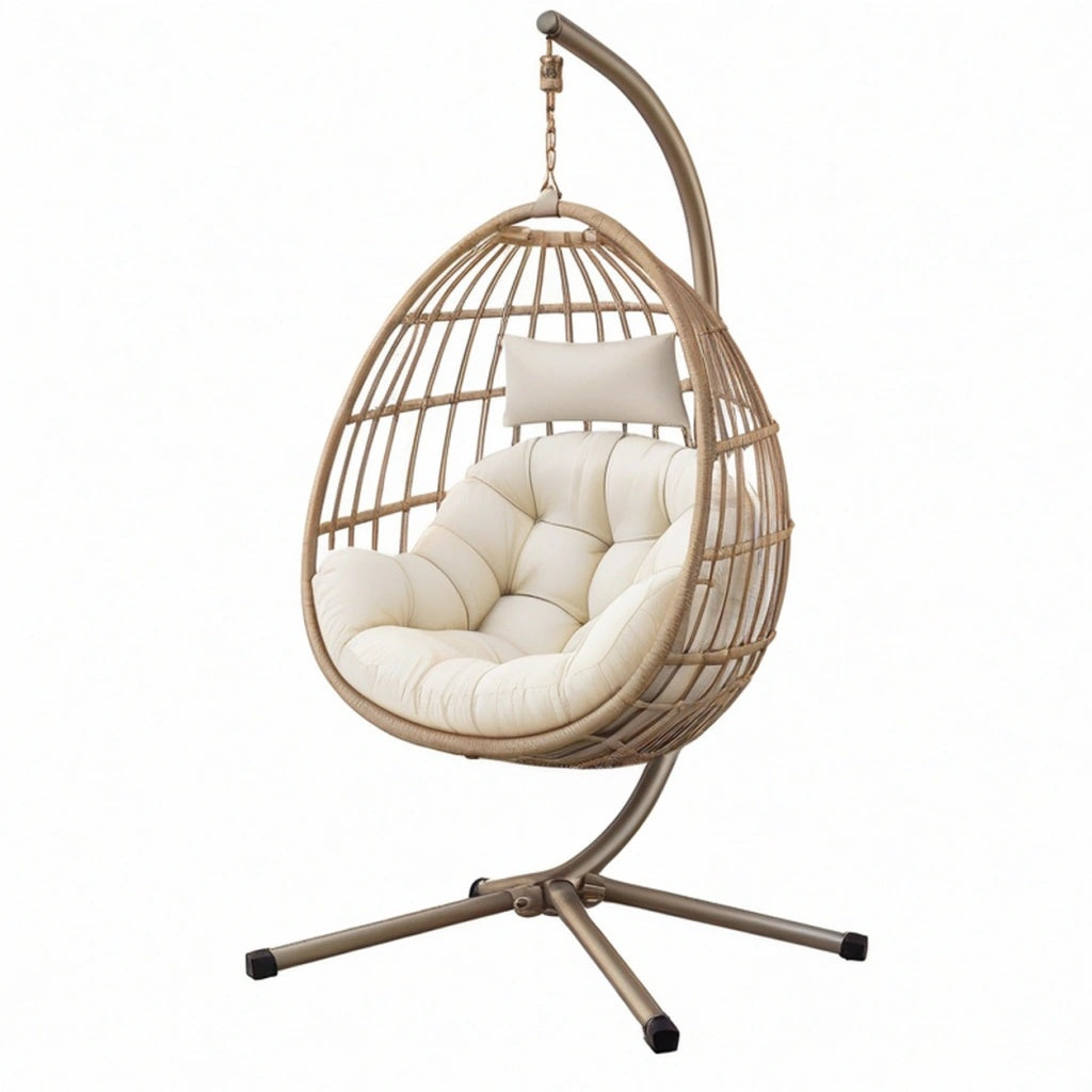 Fotel wiszący ogrodowy 105 x 105 x 195 cm z plecionym koszem beżowo brązowy