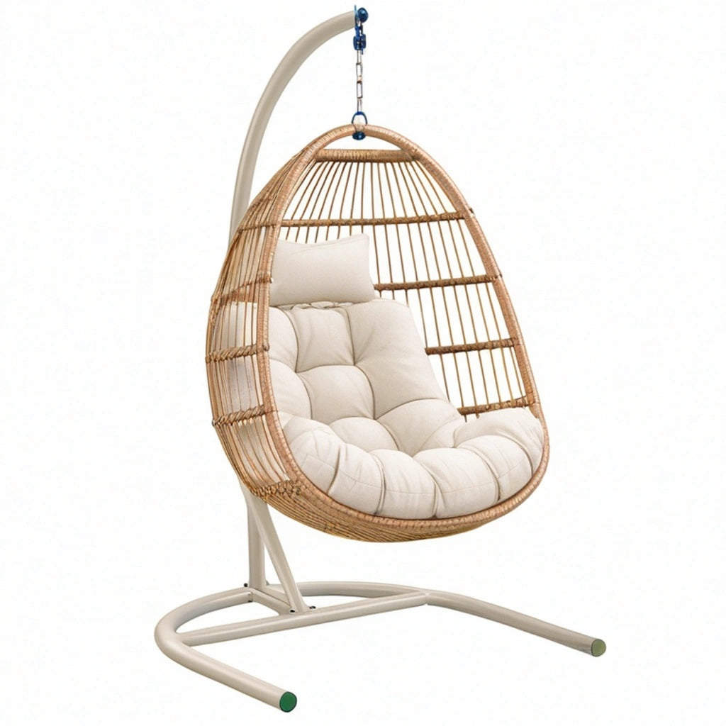 Fotel wiszący ogrodowy 105 x 105 x 195 cm beżowy z plecionką na metalowym stelażu