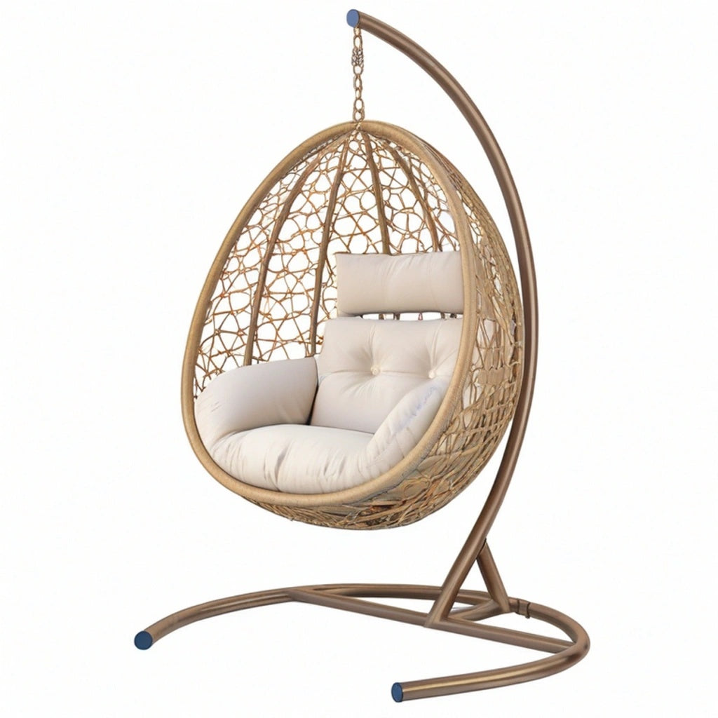 Fotel wiszący ogrodowy 105 x 105 x 195 cm brązowy metalowy z plecionym koszem