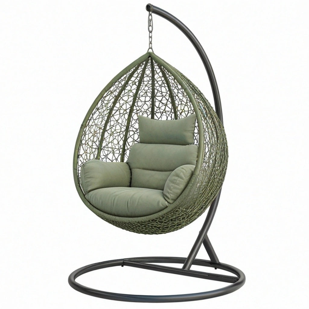 Fotel wiszący ogrodowy 105 x 105 x 195 cm zielony z metalowym stojakiem - kokonowy