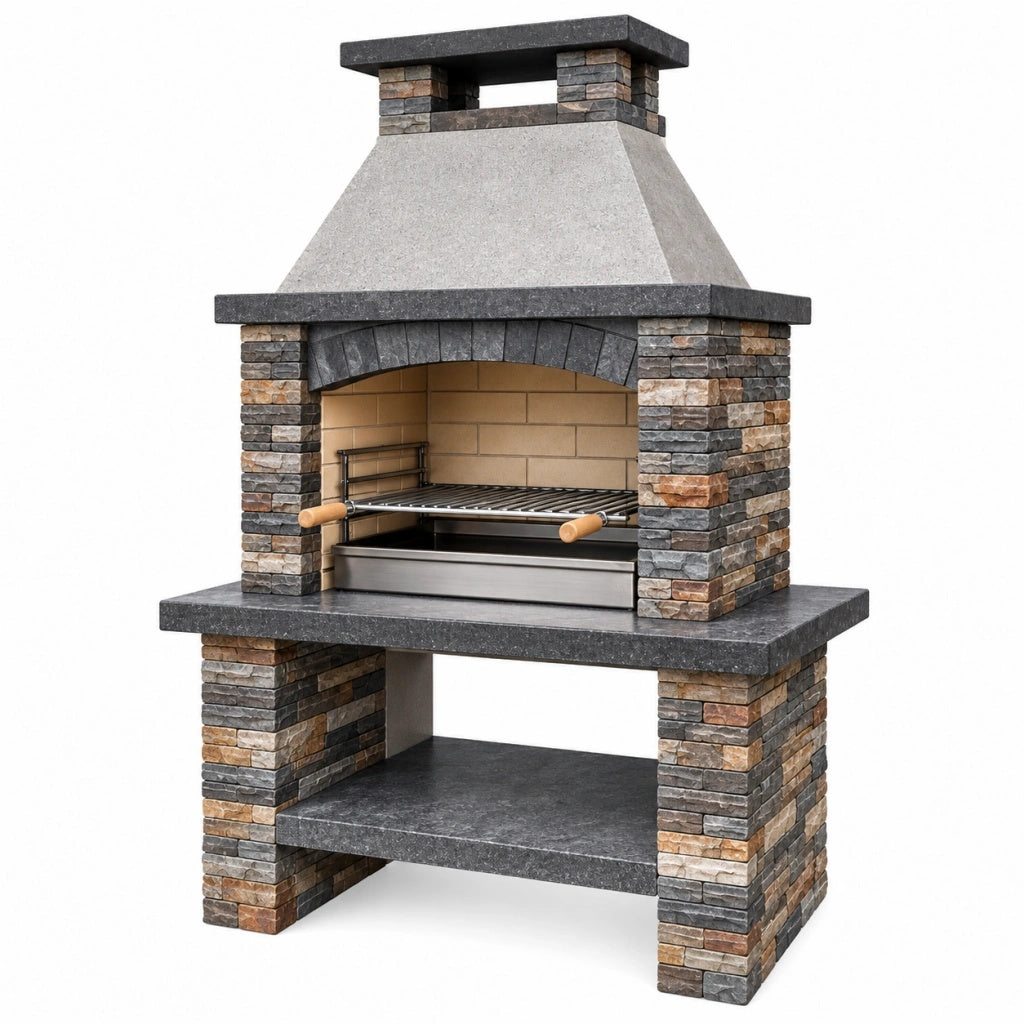 Grill ogrodowy murowany 120 x 70 x 220 cm kamienny szary z rusztem