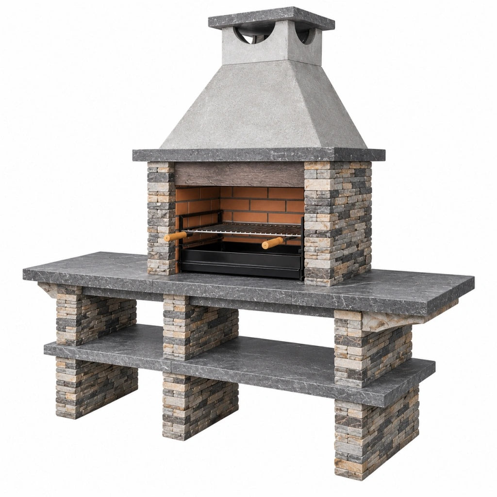 Grill ogrodowy murowany 180 x 70 x 220 cm szary z kamienia z rusztem i półkami