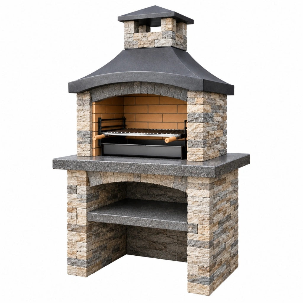 Grill ogrodowy 120 x 70 x 220 cm z kamienia szary beżowy z rusztem do grillowania klasyczny