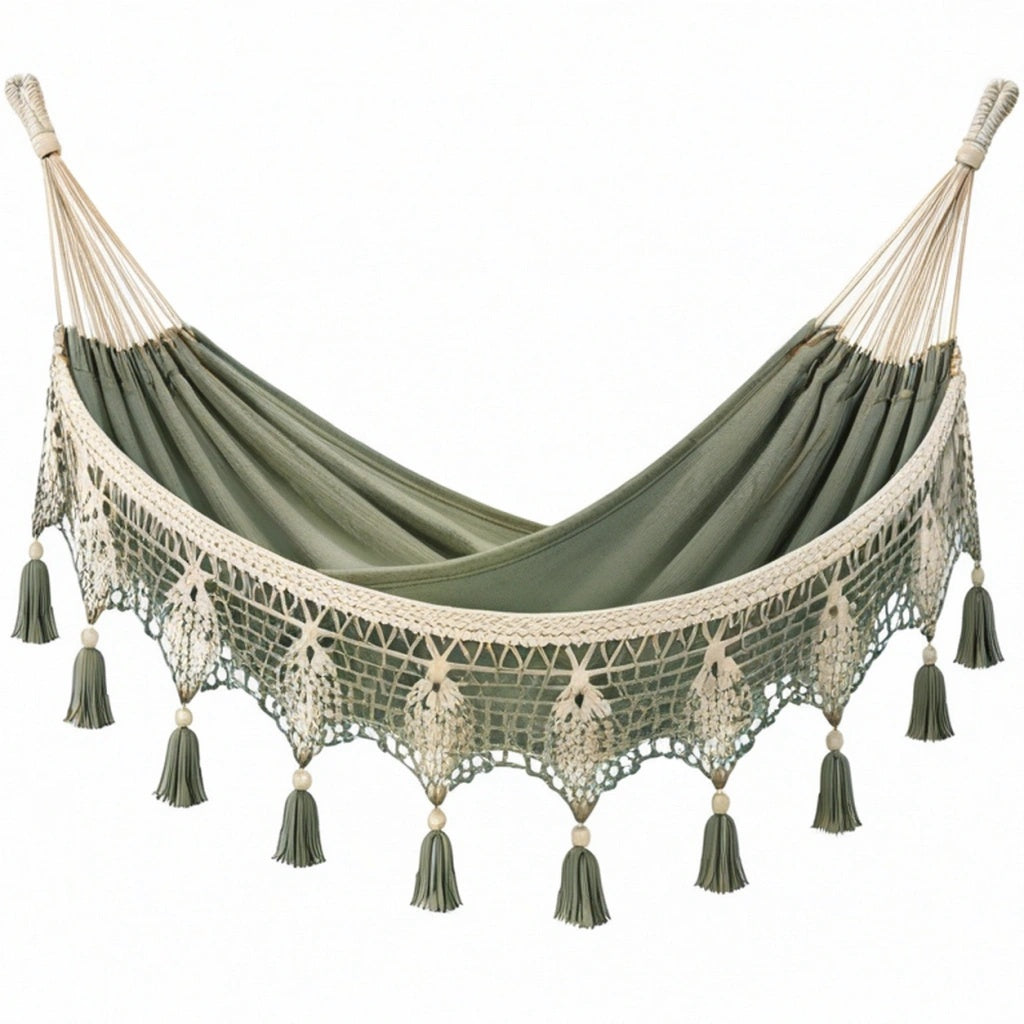 Hamak tekstylny 200 x 150 cm zielony z frędzlami w stylu boho do relaksu